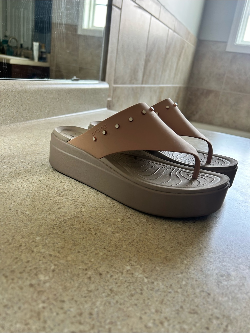 CROCS Pink Taupe Studded Platform Thong Sandals - Picture 2 of 3
